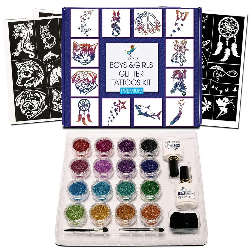 INGALA Premium Glitter Temporary Tattoo Kit for Boys and Girls, 74 Stencils, 16 Colors and 2X 0.5 fl.oz Body Glue for Body Glitter Fake Tattoos for Kids Makeup Tattoo Supplies Party Favors Party Supplies - Image 1